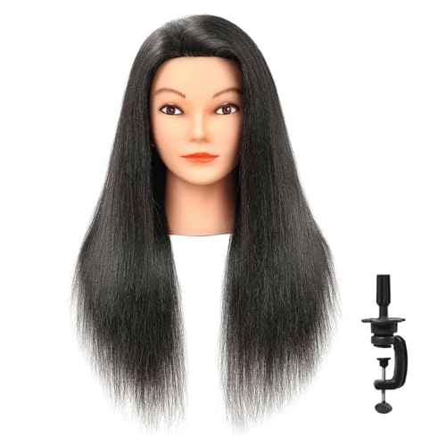 20-22" 100% Human Hair Mannequin Head Hair Practice Training Head Cosmotology Doll Head for Hairdressers with Clamp- Natural Black