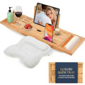 Bath Tray for Tub and Ergonomic Pillow Premium - Caddy Expandable 29 to 42.5 Inch -Foldable Bamboo Wood Tub Organizer - Luxury Bathtub Tray Wood Bamboo