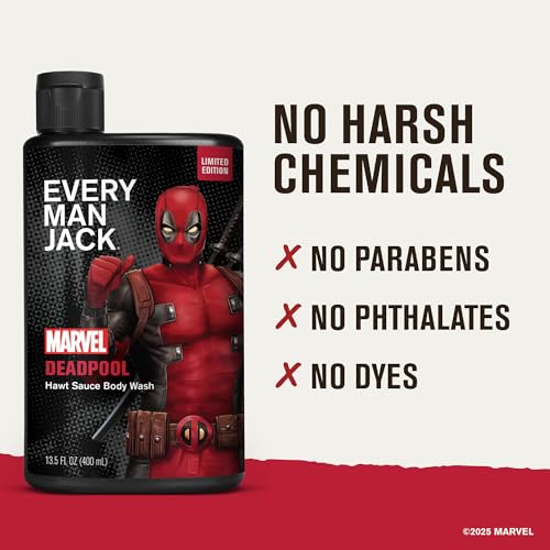 Every Man Jack Deadpool Body Wash Gift for Men ? Plant-Based Cleansers & Moisturizers ? Paraben & Dye Free ? 13.5 fl oz (2 Pack)