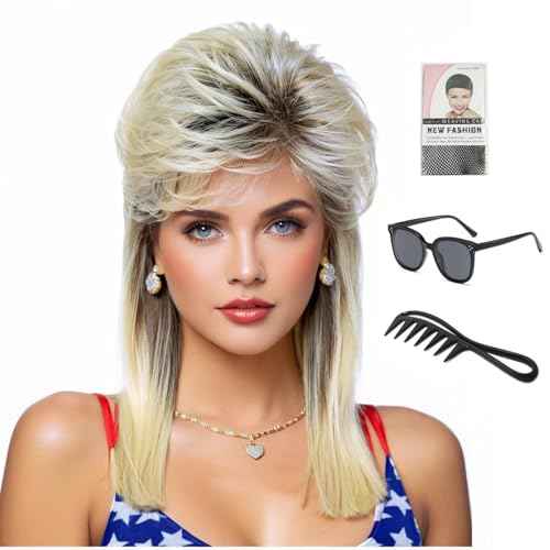 ByouByou Mullet Wigs for Women Curly Synthetic Heat Resistant Shoulder Length Hair 80s Rocker Cosplay Wigs (Blonde Mixed Black)