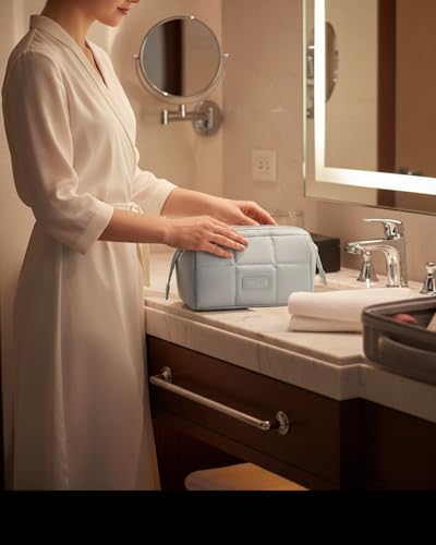 Travel Makeup Bag with Brush Pocket & Compartments Blue