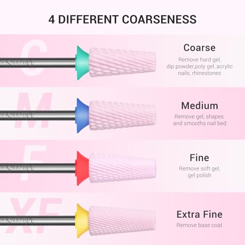 5 in 1 Ceramic Nail Drill Bits - Fine Grit, 3/32'' Shank, Pink