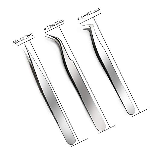 Quewel Eyelash Eyelash Extension Tweezers Set Eyelash Applicator Tool Curved and Straight pointed Tweezers Lash Extension Supplies Stainless Steel Precision Tweezers Silver (Mirrored,3 pcs)