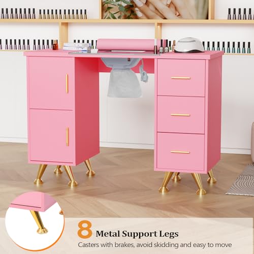 OmySalon Manicure Table with Glass Top & Dust Collector, Pink