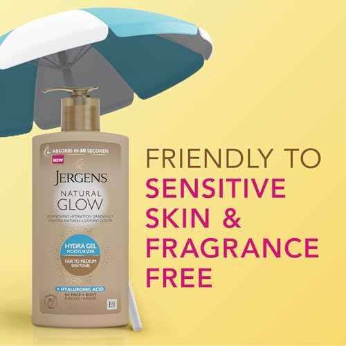 Jergens Natural Glow Hydra Gel Moisturizer, Hyaluronic Acid Tanning Lotion, Hydrating Tanning Gel, Fragrance-Free Self Tanner, Fair to Medium Skin Tones, 8.3 Fl Oz