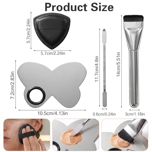 4-Piece Stainless Steel Makeup Mixing Palette Set with Brush & Spatula