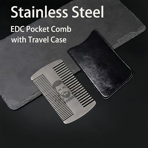 Metal Beard Mustache Comb for Men - Anti-Static Dual Action - Credit Card Size Stainless Steel EDC Comb, Lice Wallet Pocket, Fine Cutting Teasing Barber Hair Styling - Silver
