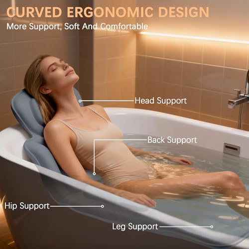 Ergonomic Full Body Bath Pillow for Bathtub, 5D Luxury Spa Cushion with 114 Non-Slip Suction Cups, Extra Long Thick Bath Pillow for Full Body Support, for Adult with Laundry Bag & Hook (Grey) (Gray)
