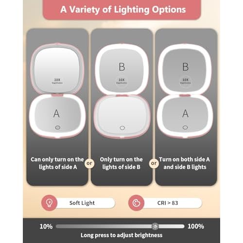 WOBSION Rechargeable Lighted Travel Makeup Mirror,1x/10x Compact Magnifying Mirror with Lights,Portable for Bag,4inch,Gift,Rose Gold