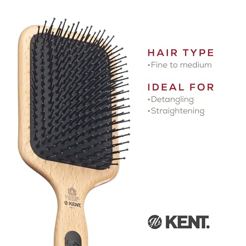Kent PF17 Large Cushion Paddle Brush, Taming Fine Pins Hair - Detangling Long, Thick, Curly Hair, Scalp Massager, Growth Stimulator. Wet or Dry Use. Made in England