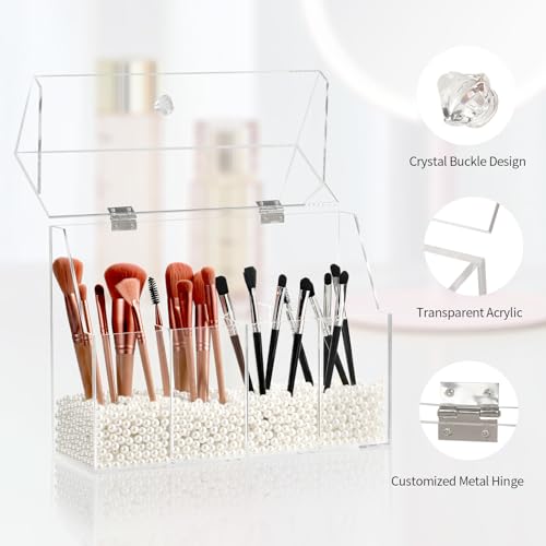 Acrylic Makeup Organizer, Clear Cosmetic Brush Storage Box With 4 Brush Holders (Pearl not included),Makeup Brush Holder with Dust Cover, Large-capacity Split Design Organize the Desktop