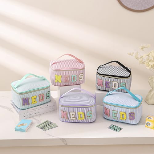 Chenille Letter MEDS Makeup Bag,Large Size Striped Medicine RX Cosmetic Bag with Top Handle, Aesthetic Seersucker First Aid Travel Organizer Bag for Women Girls(05Pink)