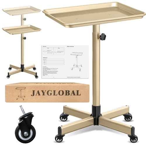 JayGlobal Gold Salon Tray On Wheels, Premium Aluminum Rolling Tattoo Tray, Height Adjustable Tattoo Cart Trolley for Hairstylist Salon, Spa & Clinic