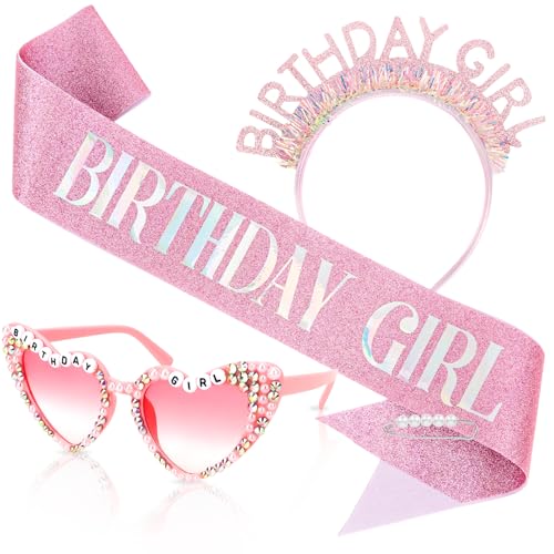 Birthday Girl Sash Headband Glasses Tiara Set Pink
