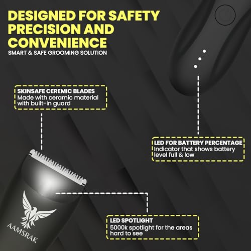 Groin & Body Hair Trimmer for Women & Men | Led Light, Waterproof | Zero Gapped Trimmer | Cordless Electric Shaver for Beard, Face, Nose, Ear, Bikini & Balls | Long Battery Life | Includes 3X Combs
