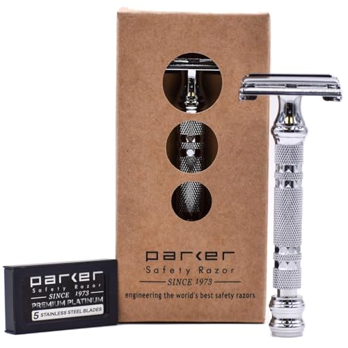 Parker 66R Long Handle Butterfly Safety Razor ? Twist-to-Open Brass Frame with Textured Chrome Finish for Close, Comfortable Shaves - 5 Blades Included