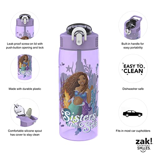 Zak Designs Disney The Little Mermaid 2023 Kids Water Bottle For School or Travel, 25oz Durable Plastic, with Pop-Up Antimicrobial Spout and Cover, Handle, and Leak-Proof (Ariel, Sisters of the Sea)