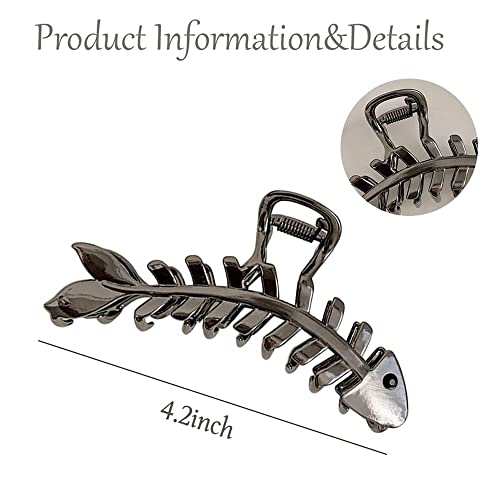 YKZFUI Fish Bone Shape Design Hair Clip, 1 Pcs Metal Hair Claw Clip Black Hairpin Fashion Nonslip Hair Clamps for Women Thick or Thin Hair Decorations