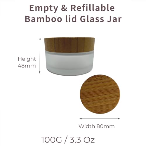 Empty Refillable Frosted Glass Cosmetic Cream Jar 4 Pack 3.3 OZ/100g with Bamboo Lids,Skin Care Travel Containers Pot for Clay Masks,Butter,Body Scrub,Lip Balm, Ointments, Lotion Frost