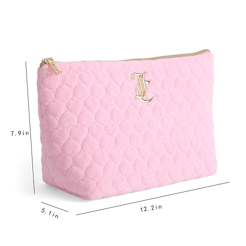 Juicy Couture Pink Makeup Bag Cosmetics Organizer Travel Essentials Top Zip Pouch Terry Cloth Quilted Heart