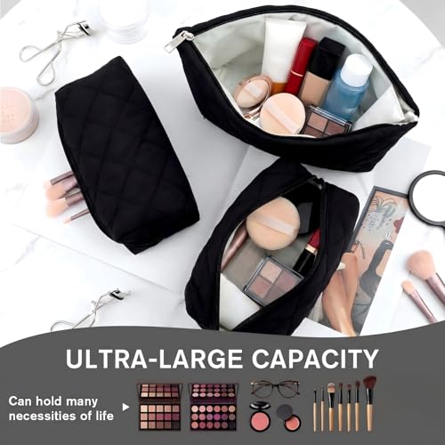 Sadnyy 3 Pcs Valentine Gift Puffy Makeup Bag Quilted Cosmetic Pouch for Women Cute Puffer Makeup Organizer Toiletry Pouch Cosmetic Bag Bridesmaids Gift Preppy Pencil Case with Zipper(Black)