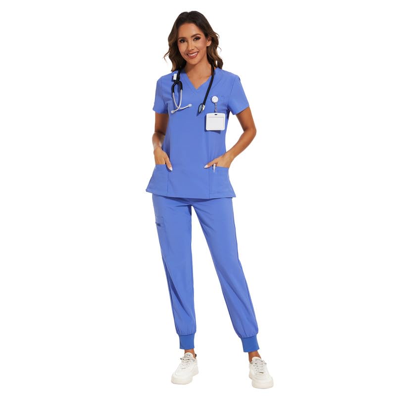 COZYFIT Scrubs for Women Set - Stretch V-Neck Scrub Top & Jogger Pant with 8 Pockets, Yoga Waistband, Anti Wrinkle, Slim Fit Women Scrubs - Ceil Blue, XS