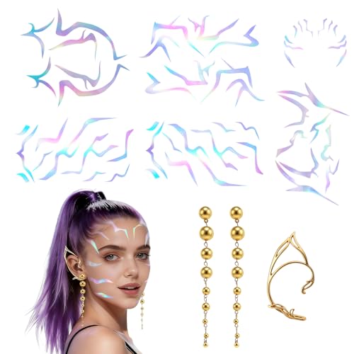9Pcs Colorful Laser Temporary Tattoos and Gold Earrings Set, Hunter Themed Accessories for Cosplay Dance Party, Music Festivals, Halloween