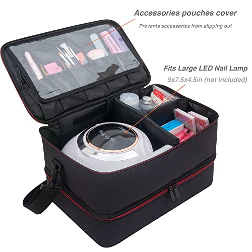 ButterFox Extra Large Nail Polish Organizer Case, Holds 60-66 Bottles and Nail Dryer Lamp, Large Nail Supplies and Accessories Storage Holder Bag (Black/Red)