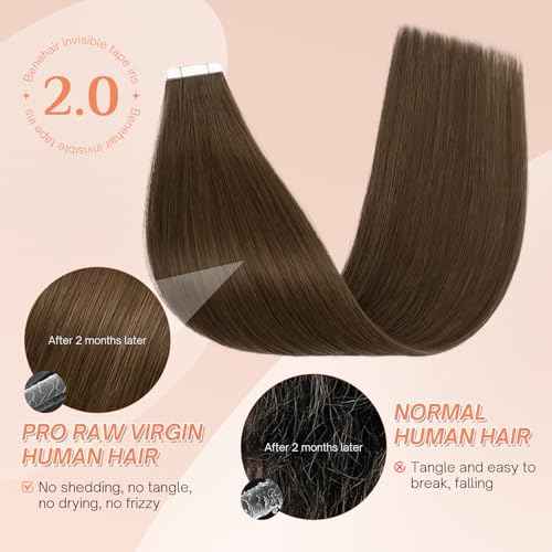 Benehair Tape in Hair Extensions Human Hair, Dark Brown Remy Hair Extensions Straight Human Hair Tape in Extensions Invisible 10pcs 20g 14 inch