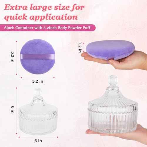 2Pcs Extra Large Body Powder Puff & Luxury 6" Glass Jar Dusting Powder Container with Puff for Women Bath Powder Puffs Perfect for Talcum or Loose Powder (Light Purple)