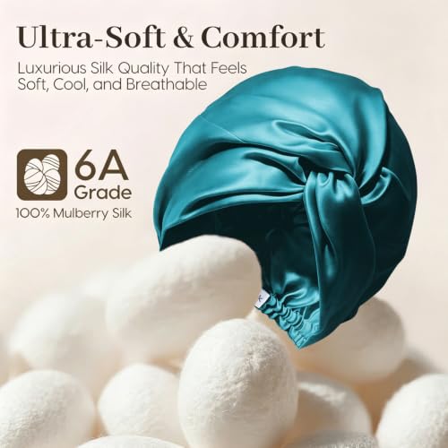 DAISYSILK Peacock Blue 22 Momme 100% Mulberry Silk Sleep Bonnet with Adjustable Tie