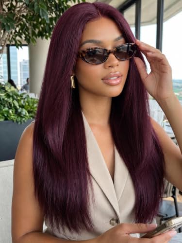 KLAIYI Bye Bye Knots Glueless Black Cherry Layered Straight 18 Inch Lace Front Wig