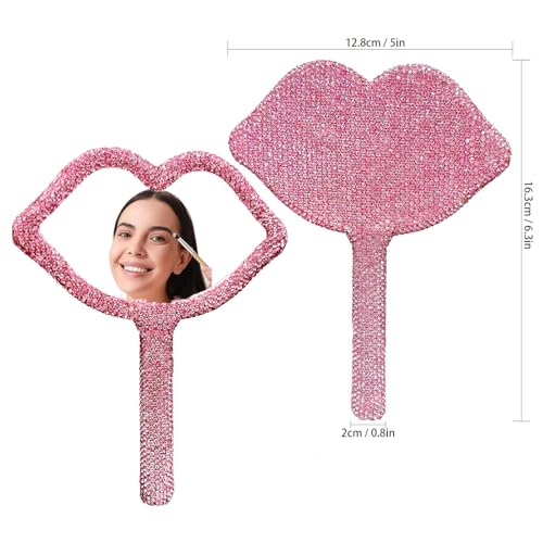 Rhinestone Handheld Mirror Heart Bling Glitter Cosmetic Dazzling Portable Hand Mirrors with Handle for Women Wedding Party (All Pink)