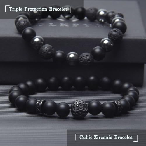 Black Obsidian Bracelet - Cubic Zirconia Bracelet - Tourmaline Beaded Bracelets, 8MM Black Onyx Hematite Lava Stone Beads Triple Protection Bracelet for Men Women Gifts