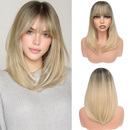 Blonde Bob Wig with Bangs 16" Shoulder Length Synthetic Hair