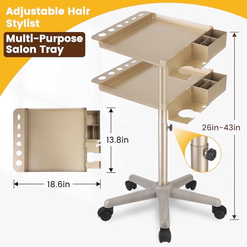 Champagne Gold Salon Cart with Wheels - Adjustable Height Styling Tray