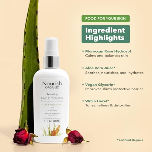 Nourish Organic Face Toner Spray ? Alcohol-Free Formula with Witch Hazel, Aloe Vera & Moroccan Rose Flower Extract, 3 Oz + Washable Cotton Round