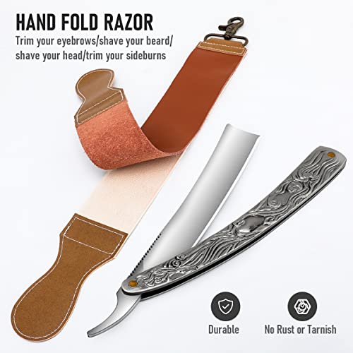 Professional Straight Razor with First Layer Cowhide Strop - Straight Edge Barber Razor Premium Stainless Steel Shaver Razor for Men Home & Salon Grooming Using