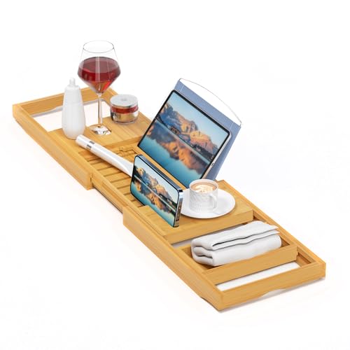 Bamboo Bathtub Tray Caddy - Expandable with Book & Tablet Holder