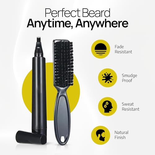 Beard Filler Pen (4-Tip) - Black Beard Pencil Filler for Men Waterproof Patchy Beard Solution - Beard Filler Kit Long Lasting Beard Filling Pen with Brush