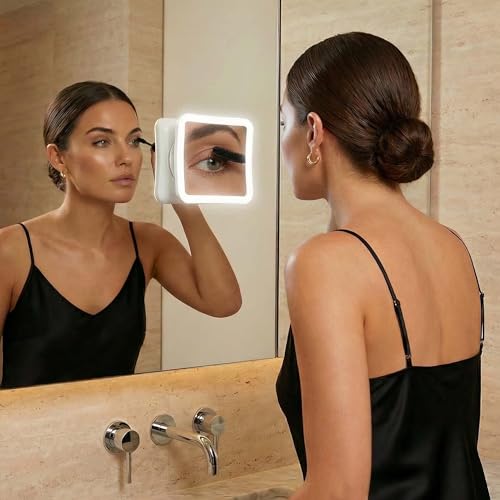 Fancii 20x Magnifying Makeup Mirror with LED Lights, Rechargeable, High Zoom | 7-inch Large Lighted Travel Mirror for Vanity and Bathroom, Dimmable, 3 Light Settings, Strong Suction, 360¡Æ Rotation