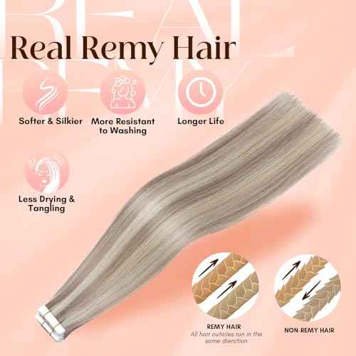 Elailite Tape in Hair Extensions Human Hair Thick Real Remy Hairpieces Ash Blonde & Bleach Blonde 16 Inch 50g 20pcs Straight Invisible Seamless Skin Weft Best Tape for Women