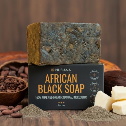 Nubiana Raw African Black Soap Bar 8oz - 100% Authentic from Ghana | Handmade Unrefined Shea Butter Soap with Cocoa Pod Ash | Deep Cleansing Face Wash Bar & Body Wash - No Added Scent
