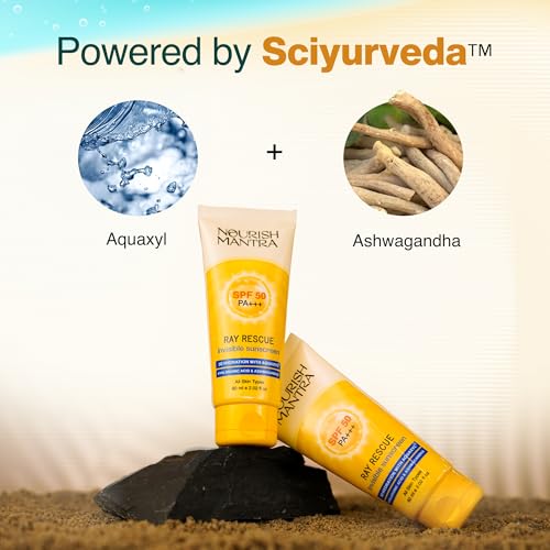 NOURISH MANTRA Ray Rescue Sunscreen/Sunscreen SPF 50/ With Hyaluronic Acid, Aquaxyl, Aloe Vera Extracts & Ashwagandha Extracts/No White Cast, (60 ml (Pack of 1))