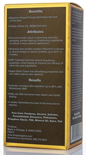 Progenix 24k Gold and Caviar Serum. Anti-Wrinkle Serum with 24kt Colloidal Gold, Vegan Green Caviar, Manuka Honey for Fine Lines, Wrinkles, and Dark Spots. 1 FL OZ (30 mL)