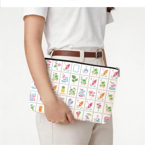 Blue Leaves Mahjong Tile Bag – Thick Canvas Organizer with Zipper