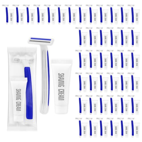 Disposable Razors in Bulk,razors individually wrapped bulk,Twin Blade Razors with Clear Safety Cap and Shaving Cream, Razors For Homeless, Hotel,Air Bnb,Shelter/Homeless/Travel (50 PCS)