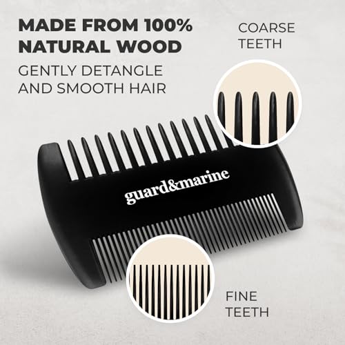 GUARD&MARINE Wooden Beard & Mustache Comb with Fine and Coarse Teeth - Pocket Size - Ideal for Use with Balms and Oils. Stylish and Convenient with a PU Leather Case (black)