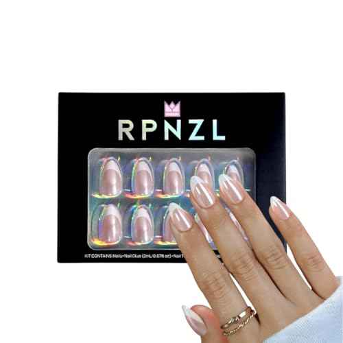 Press On Nails - Paris | French Tip, UV Finish Almond Nails, Reusable | 16 Sizes - 32 Nails in Kit with Glue (French Toast)
