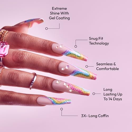 Glitzy 3D Handmade Press On Nail Kit, Rhinestone Gem Glitter French Tip 3X-Long Coffin False Nail, Reusable & Lasts Up To 2 Weeks, Seamless Snug Fit Technology, Includes Glue & 28Pcs Manicure Set